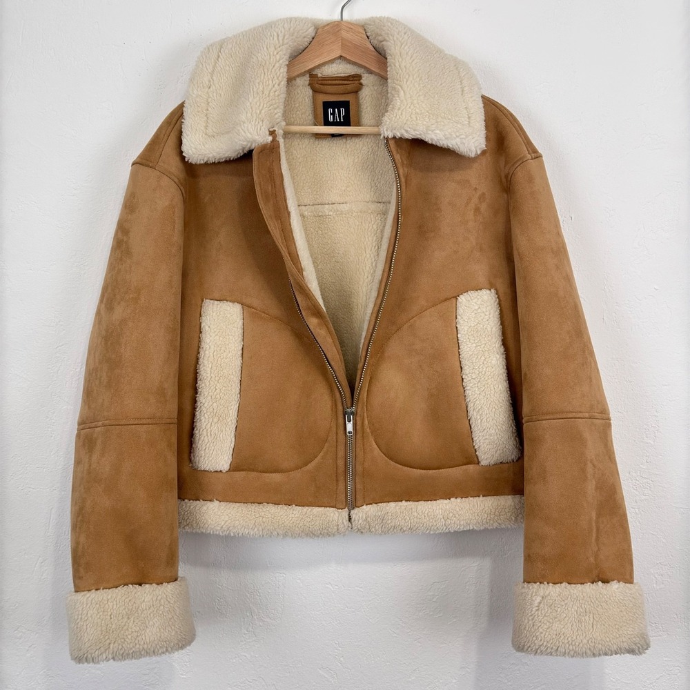 Gap Womens Western Ranch Jacket Sz Medium Faux Suede Sherpa-Trim Full Zip Boxy